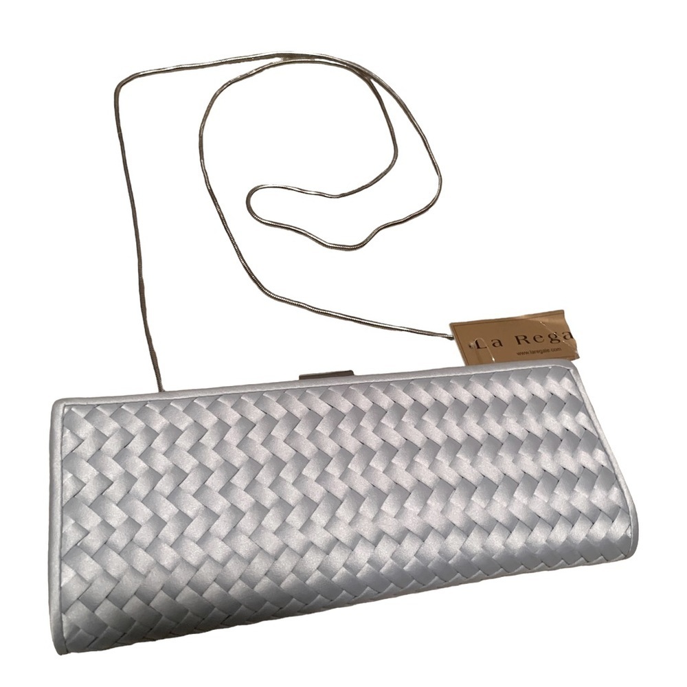 NEW La Regale Woven Satin Silver Clutch